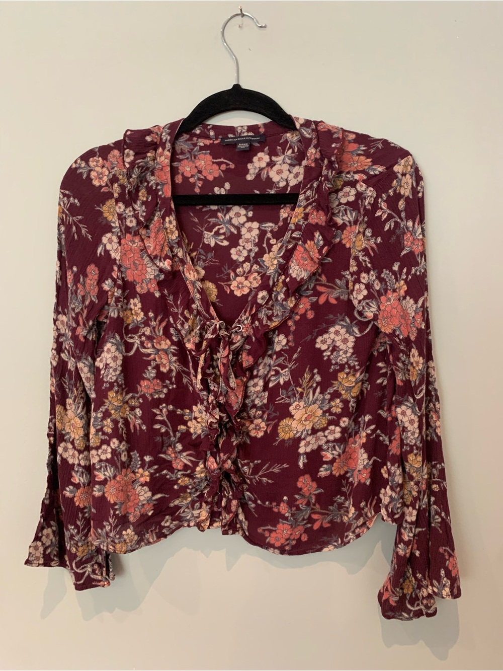 American Eagle Outfitters Burgundy Floral Ruffle Tie-Front Blouse